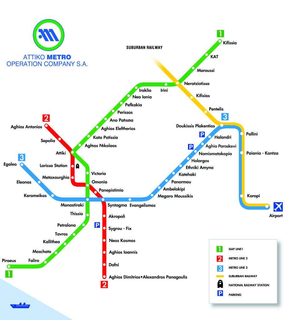 Athens metro map showing lines to the airport and city centre